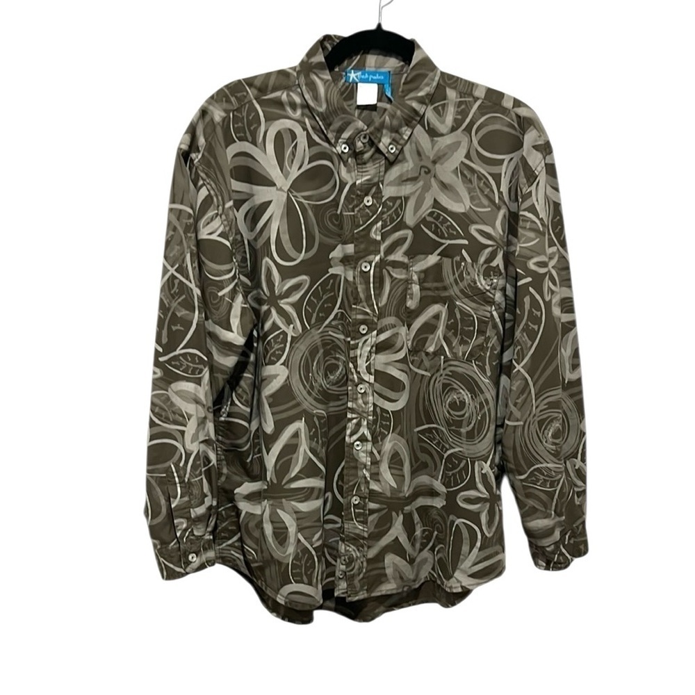 Fresh Produce olive green floral long sleeve button down cotton top Large